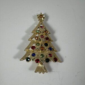 Vintage Gold-Tone Christmas Tree Brooch With Multicolor Rhinestones